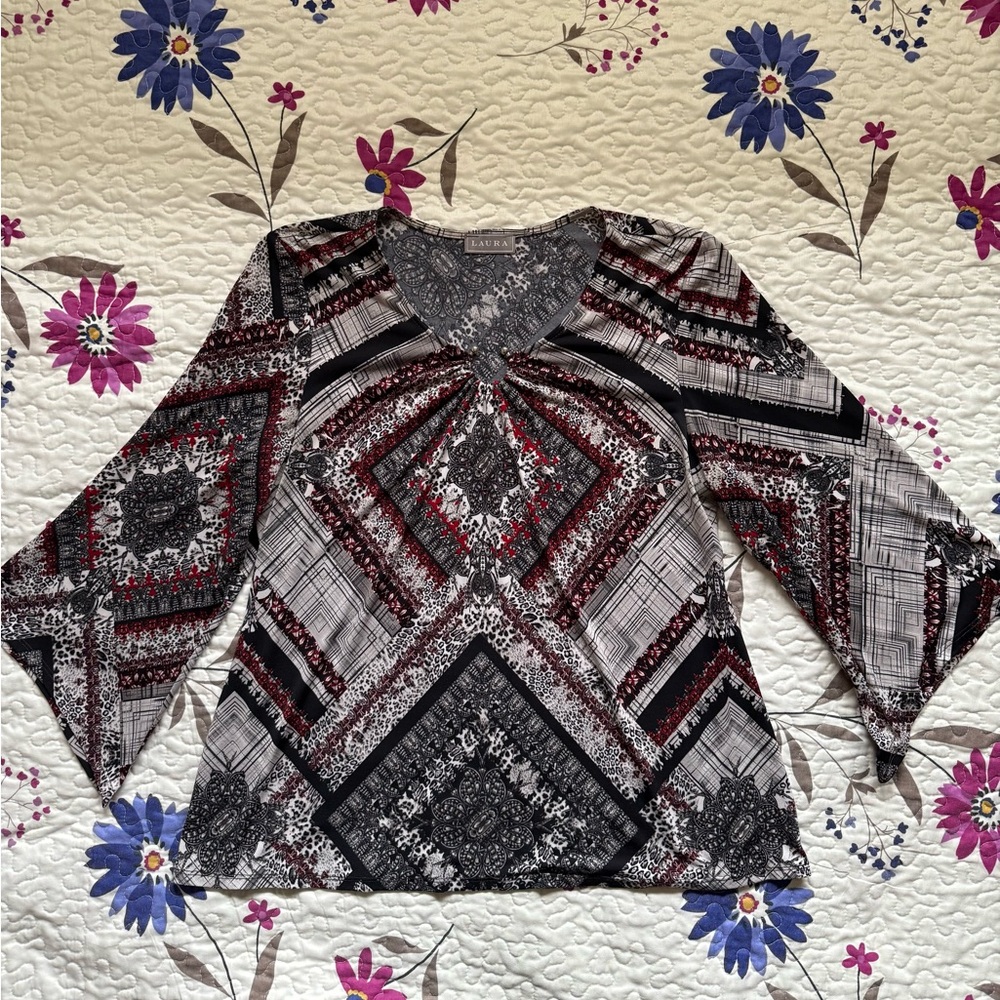 Women's Black and Red Patterned Tunic Blouse by Laura